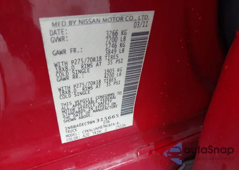 2011 Nissan Titan Pro-4X из США, поврежденный, VIN 1N6BA0EC9BN315665